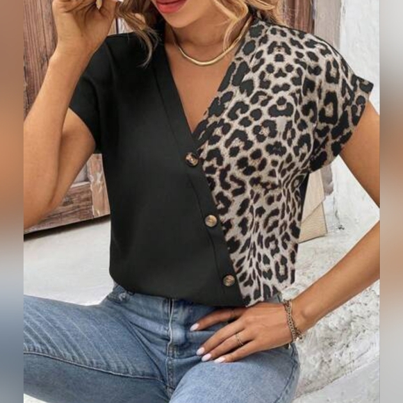 Shein Leopard Print Black Top - Picture 1 of 11
